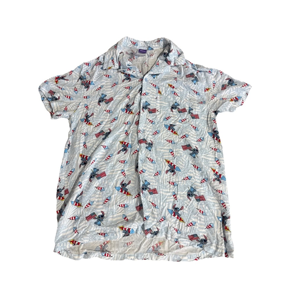 Stitch Disney Patriotic Aloha Camp Fireworks Button Down  Shirt Large 4th July